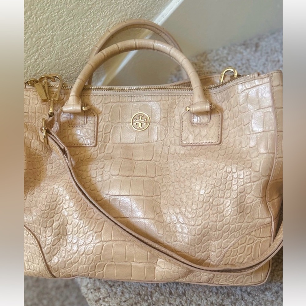 Tory Burch XL Croc-Embossed Leather Satchel with Gold Hardware